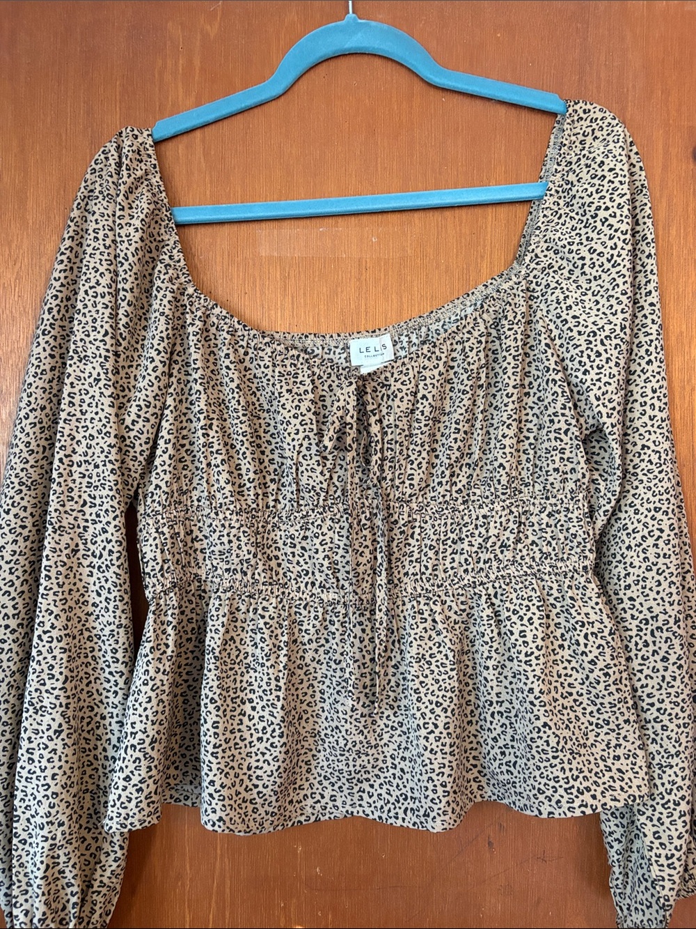 Le Lis Tan Leopard Print Peasant Top